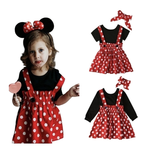 None Other - Girls Red & White Polka Dot Overall Dress 12-M Halloween Costume 3-pc Set Bow